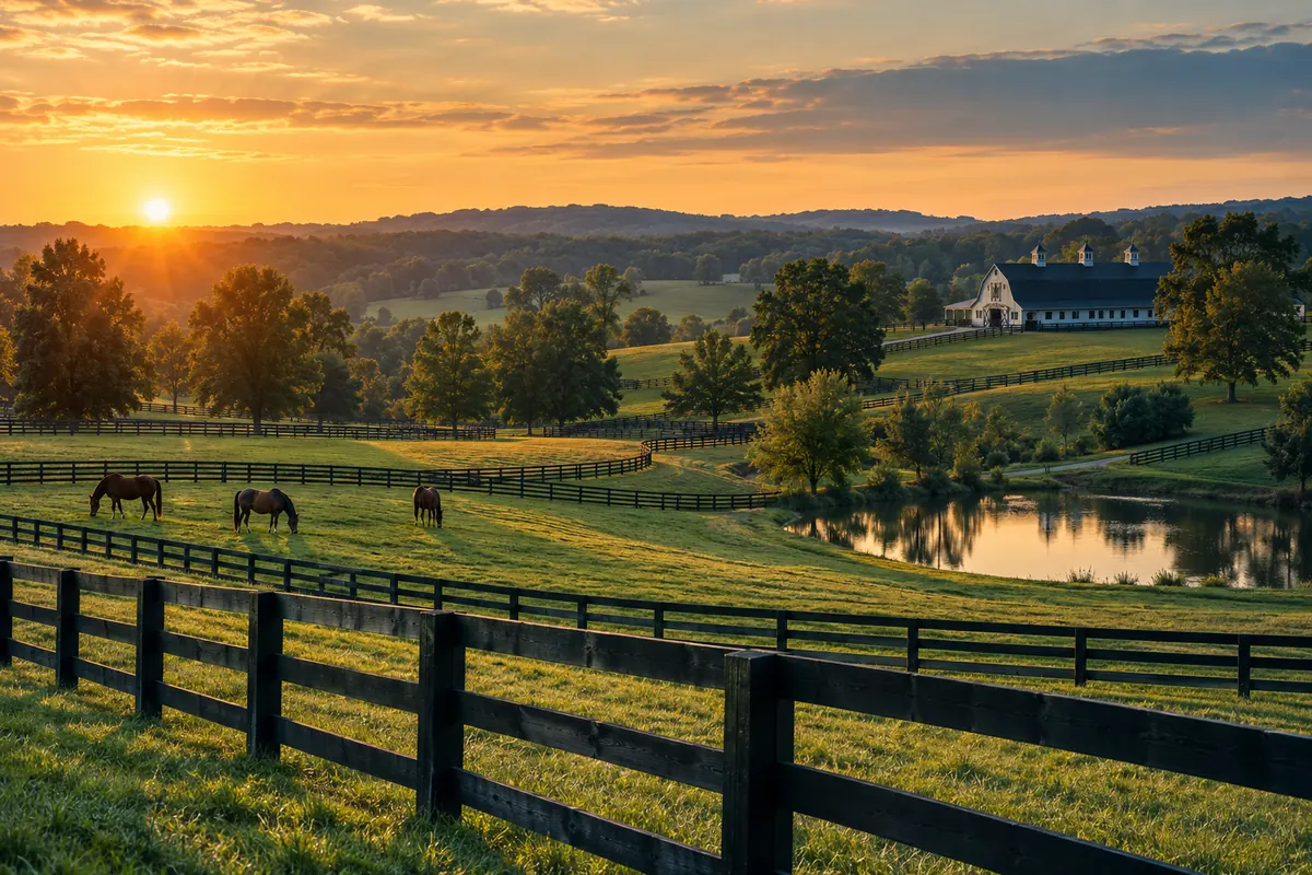 Kentucky horse farm with black plank fences at golden hour