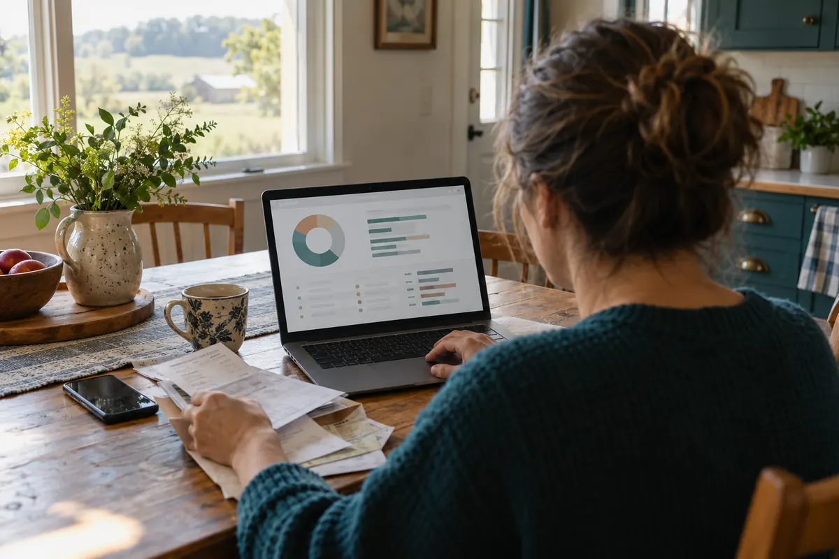 Person reviewing a monthly budget on a laptop at a kitchen table