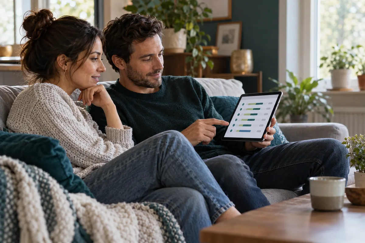 Couple looking at a repayment schedule on a tablet