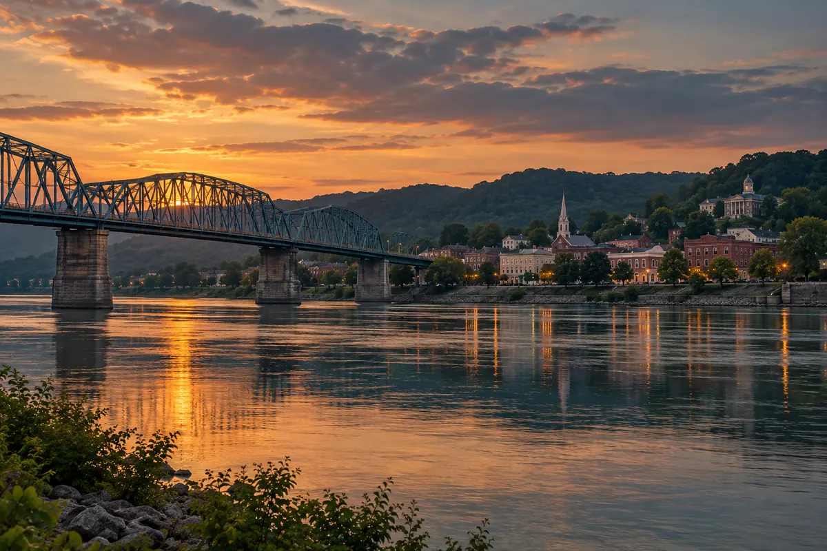 Ohio River at dusk with a steel truss bridge and a riverside town