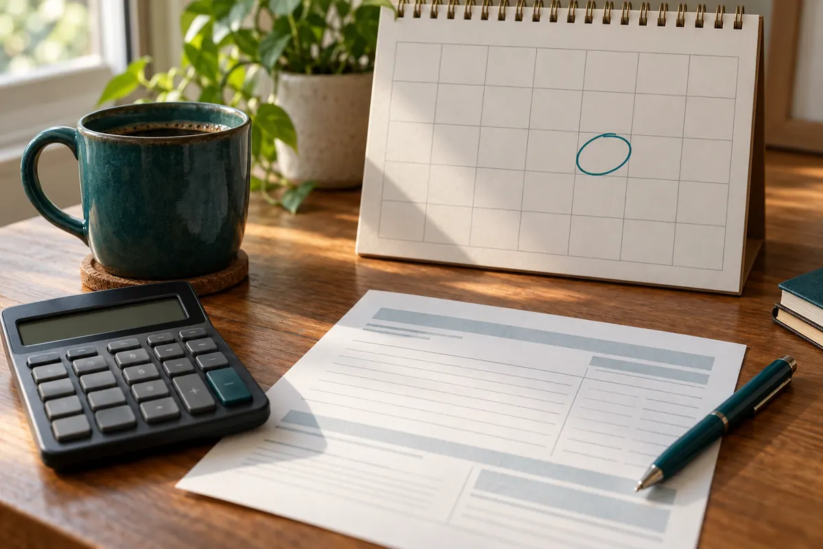 Calendar with payday circled next to a calculator and a pay stub