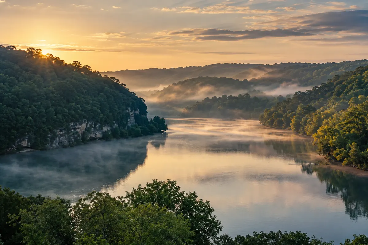 Cumberland River valley with forested hills and morning mist